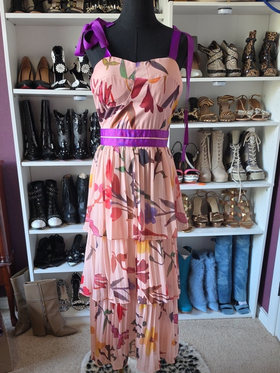 L'ATISTE Dresses & Skirts - L'ATISTE Pink Floral Tiered Maxi Dress with Purple Trim